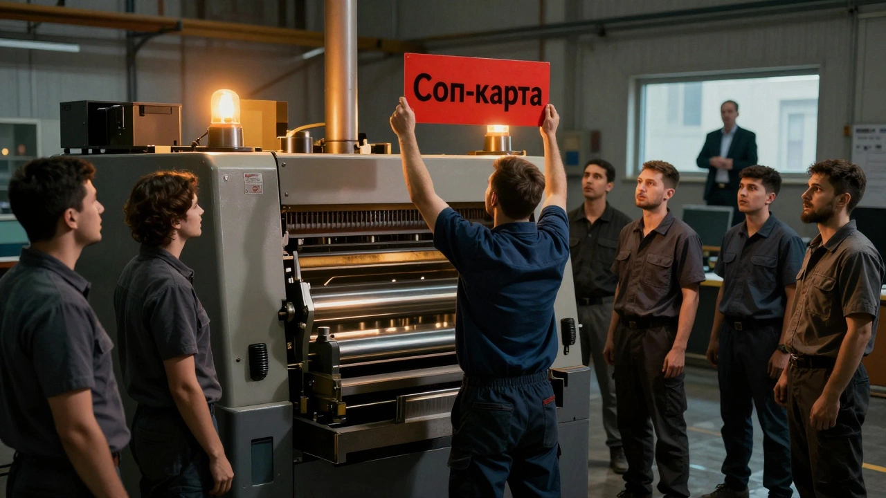 Рабочий останавливает пресс, подняв красную 'Стоп-карту', коллеги замерли, руководитель наблюдает с контрольной комнаты.