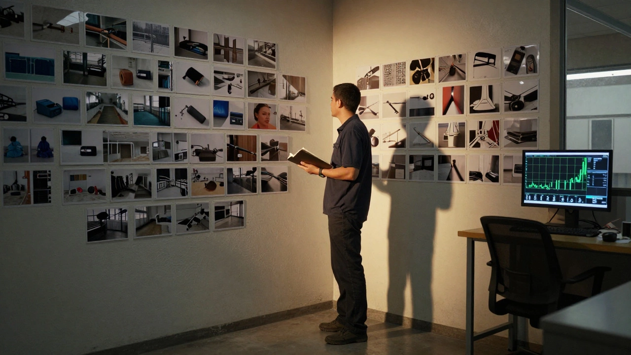 Рабочий стоит у стены с примерами ошибок, цифровой экран показывает рост эффективности.