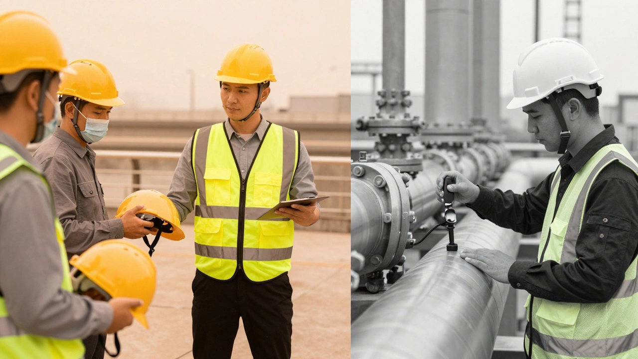 Разделенная сцена: тренинг по охране труда и инспекция оборудования.
