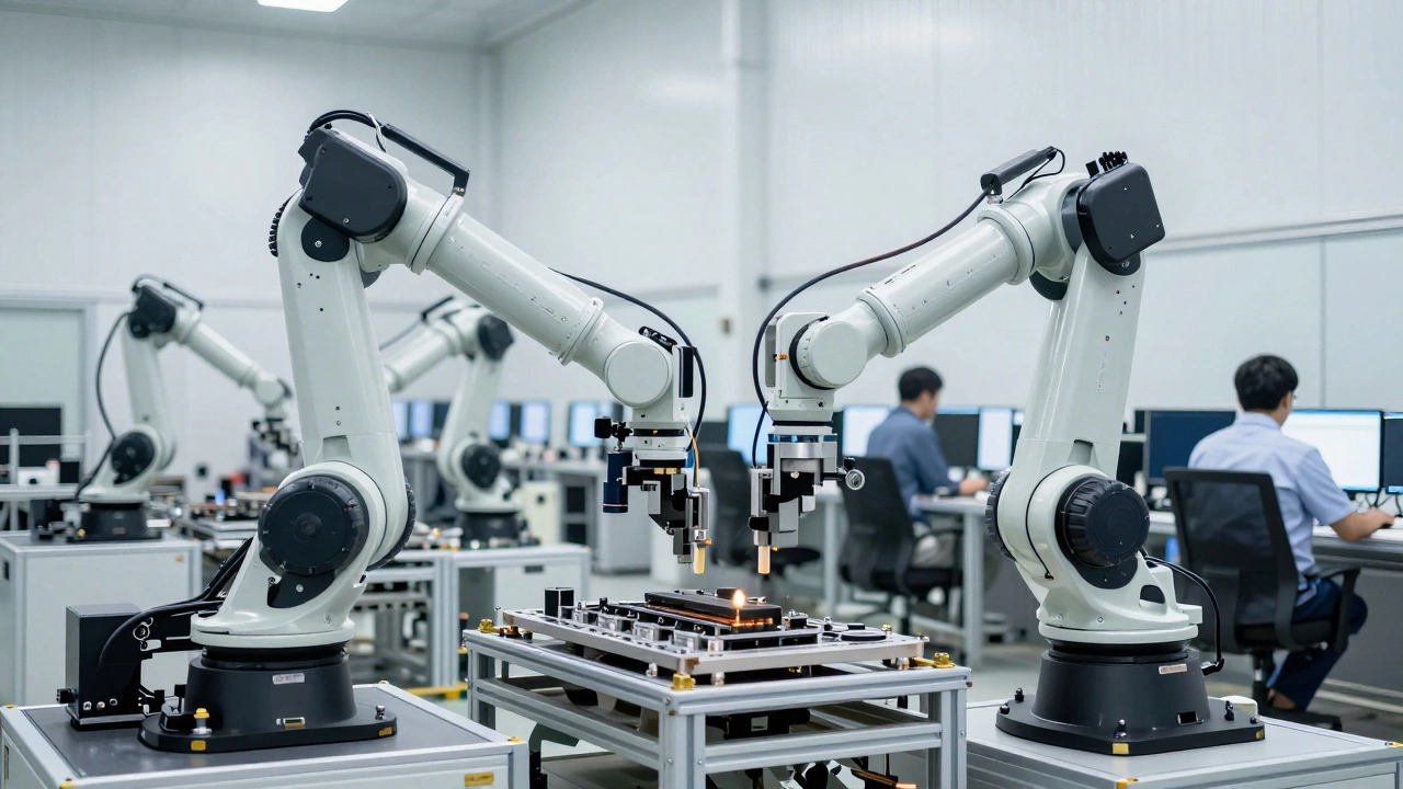 Роботы-манипуляторы выполняют сборку деталей на современном заводе