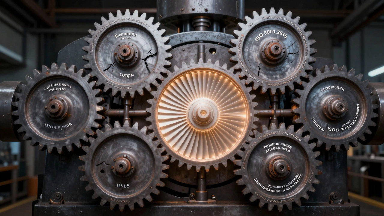 Семь взаимосвязанных шестерёнок с принципами менеджмента качества вращаются, питая турбину как символ надёжности.