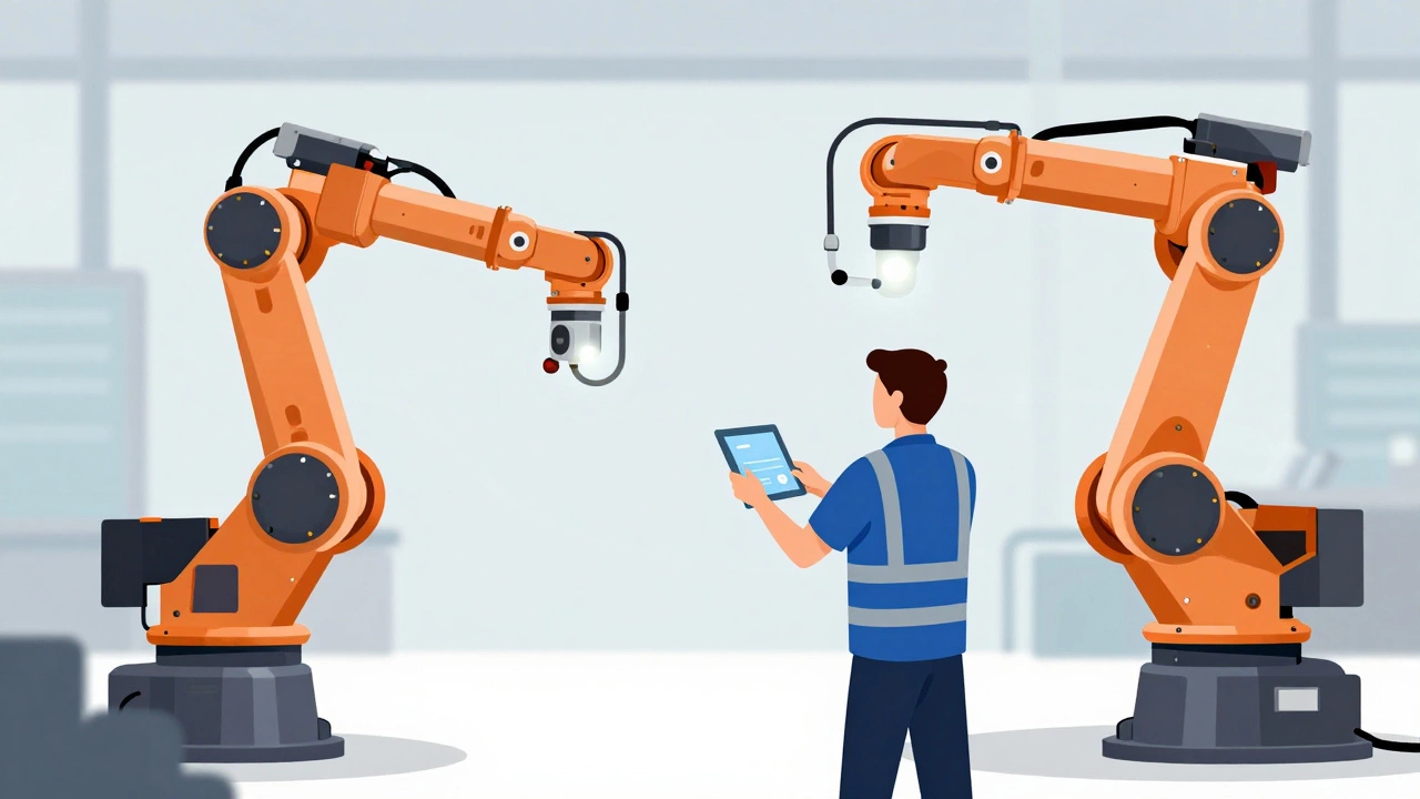 Сотрудник работает вместе с роботом-манипулятором в цеху.
