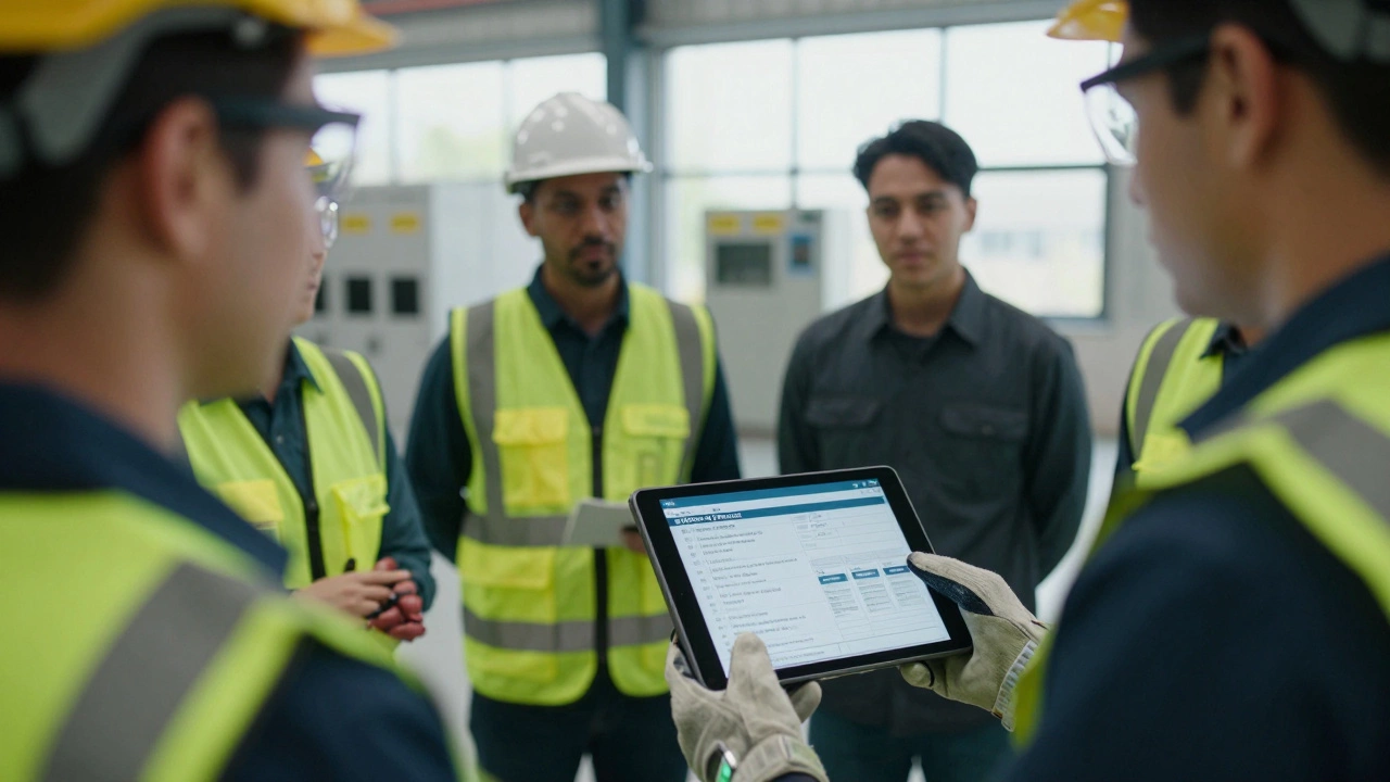 Специалист проводит инструктаж для сотрудников и подрядчиков на производственной площадке с планшетом.