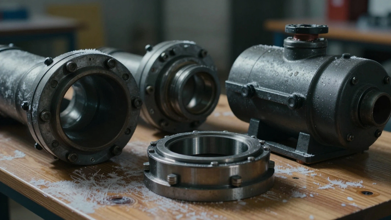 Три российских промышленных изделия: труба, подшипник и котёл, на деревянном столе с инеем, детализированная текстура.