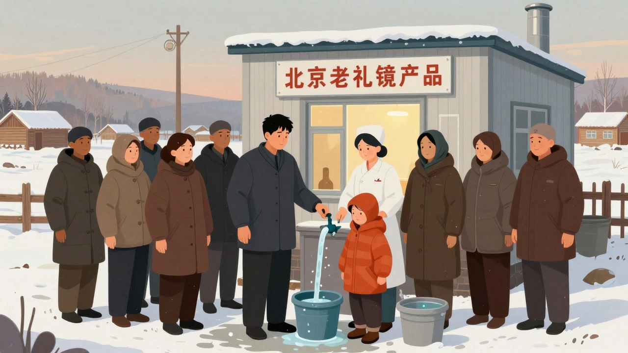 Жители сибирской деревни стоят у завода по производству фильтров для воды, за окном — снег.