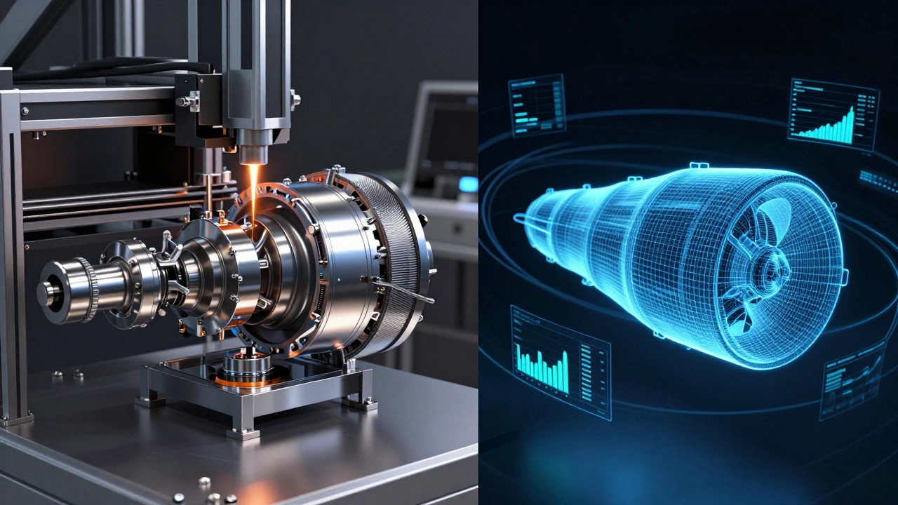 Цифровой двойник детали двигателя рядом с процессом 3D-печати металлом