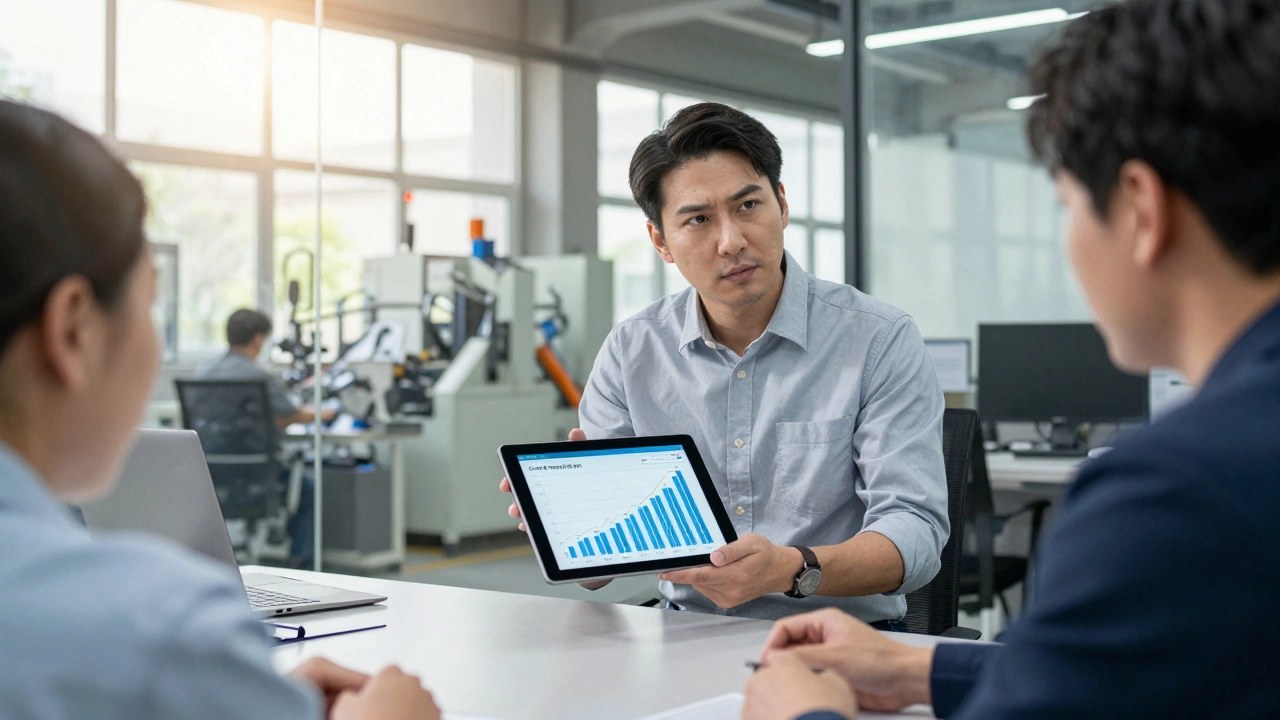 Инженер по качеству обсуждает данные анализа с руководителем производства