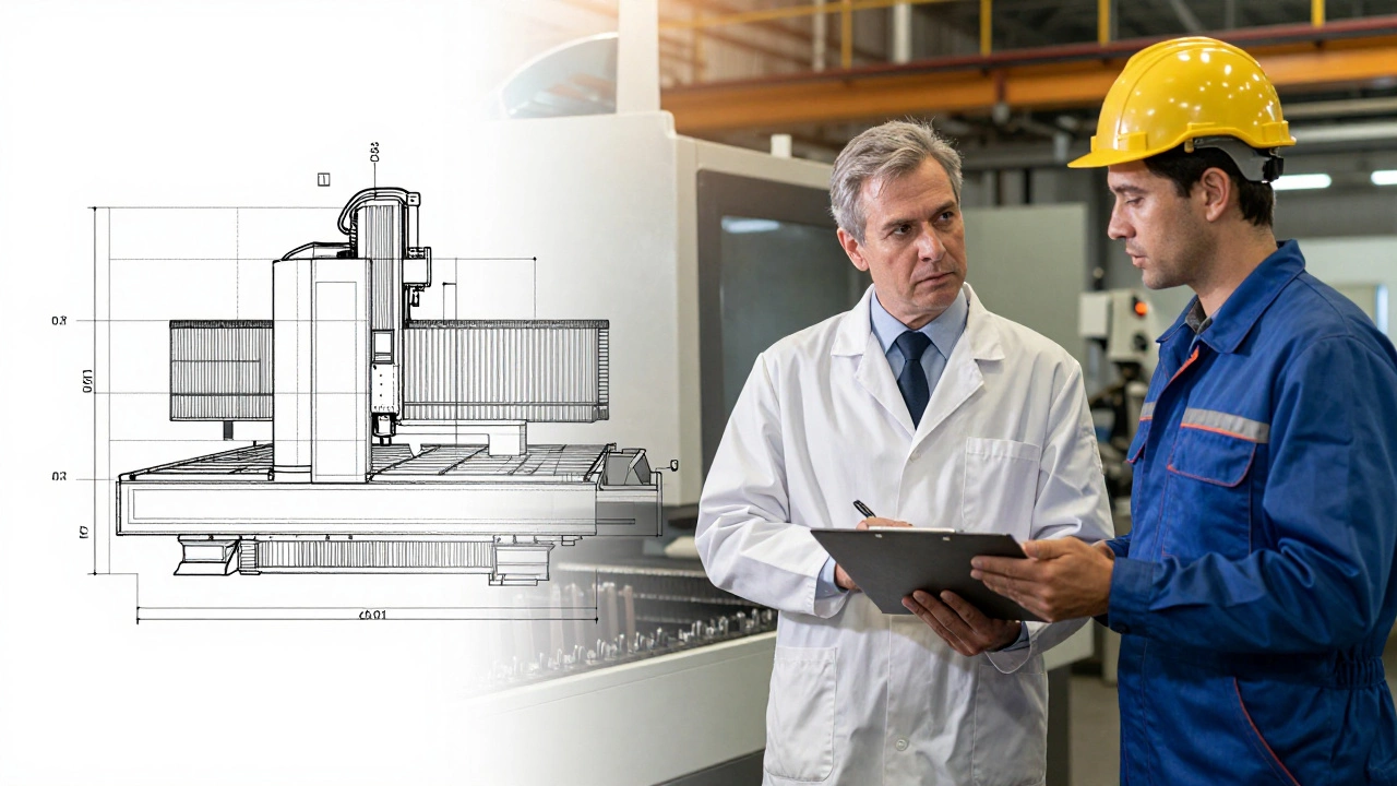 Инженер по качеству обсуждает технические допуски с рабочим в цеху