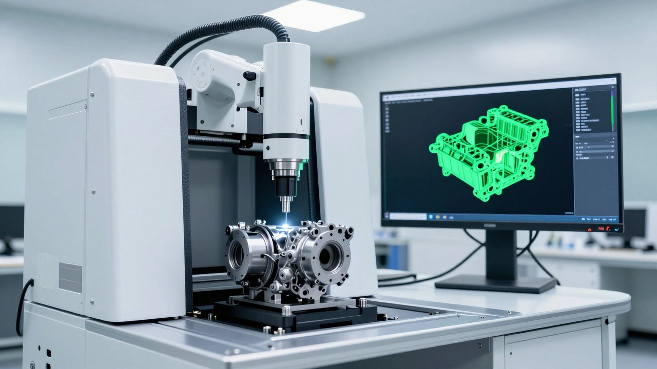 Координатно-измерительная машина сканирует сложную деталь двигателя