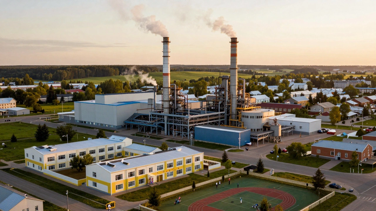 Современный завод и развитая городская инфраструктура в лучах заката