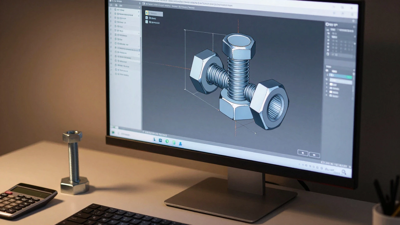 Рабочее место инженера с 3D-моделью крепежа на экране монитора
